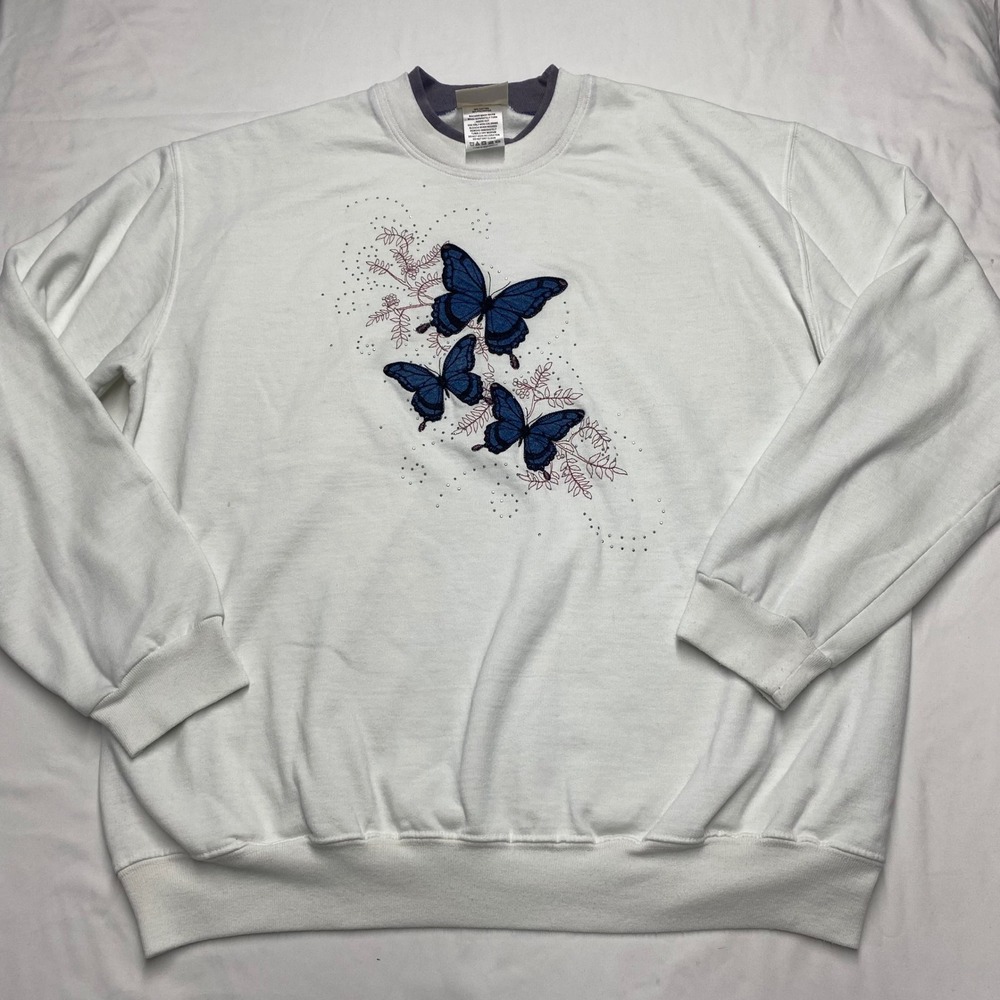Top Stitch by Morning Sun Butterfly Graphic Sweatshirt White Blue 1X Vintage